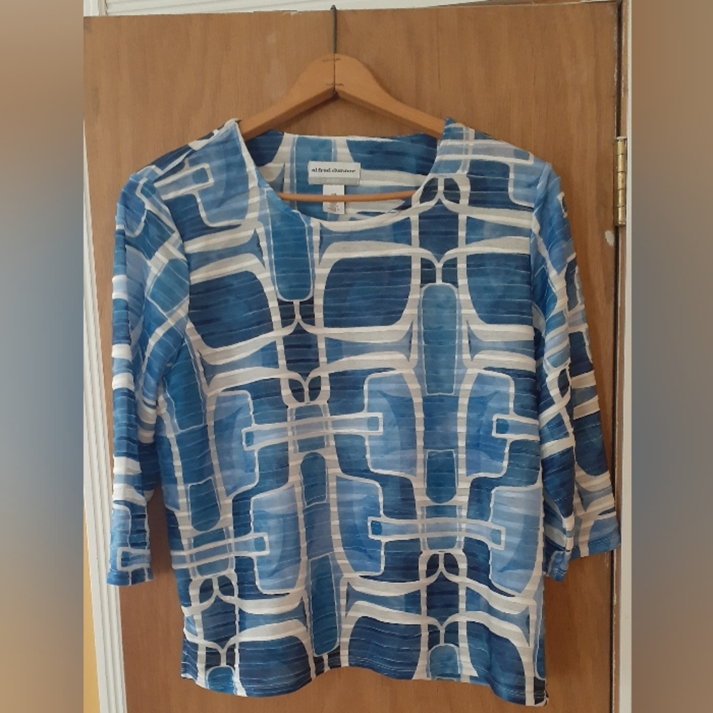 Alfred Dunner Blue and White Boxy 3/4 Sleeve Blouse Size PXL